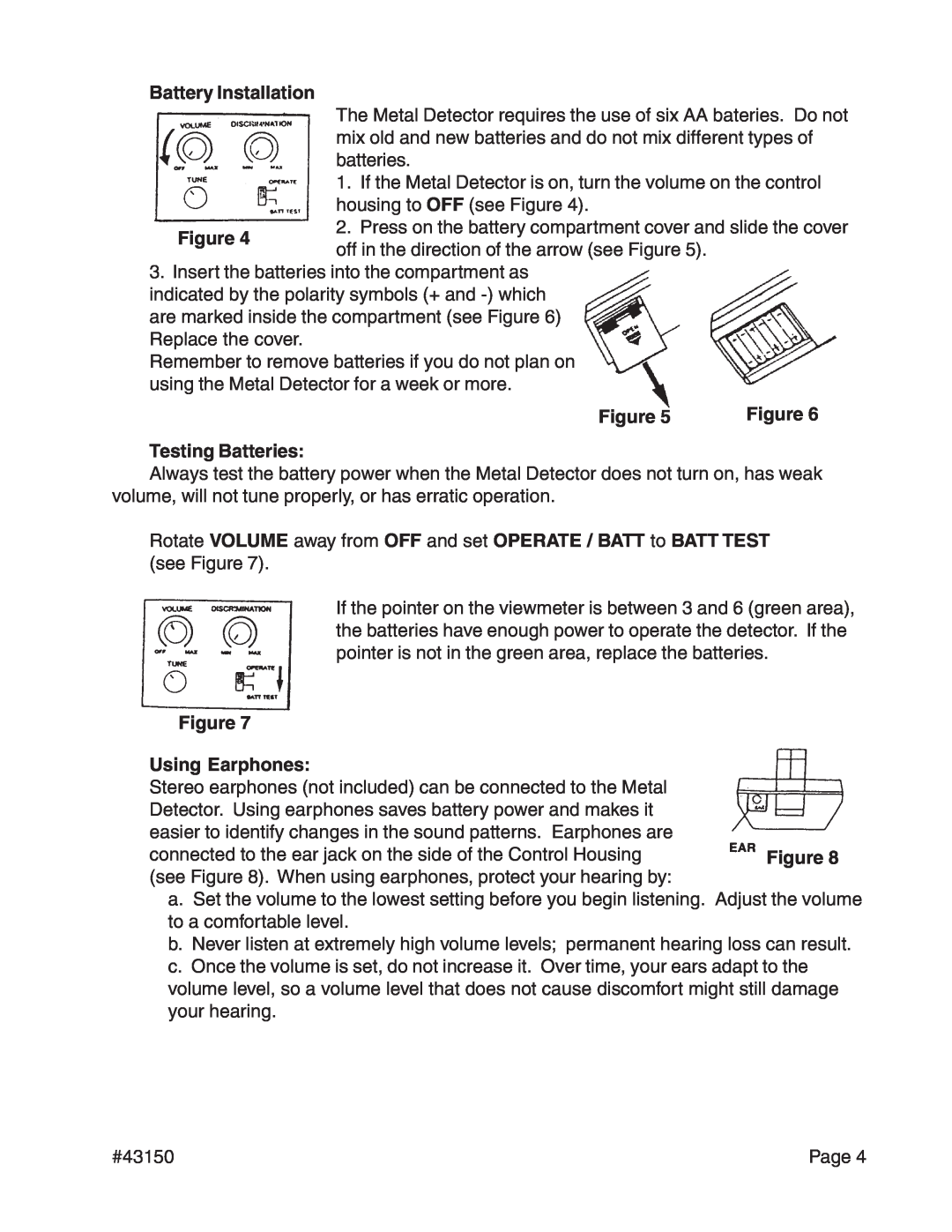 Harbor Freight Tools 43150 operating instructions Testing Batteries, Using Earphones 