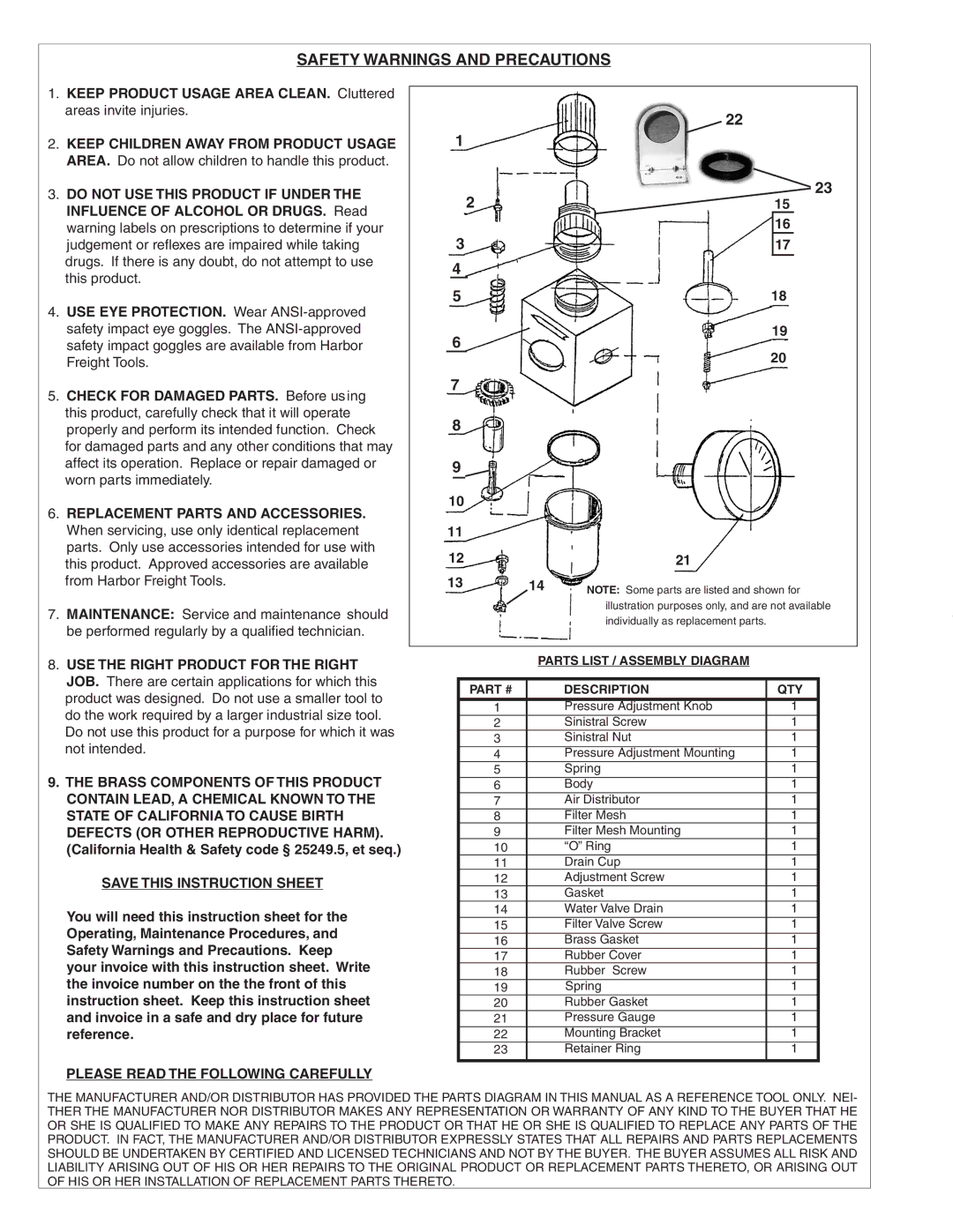 Harbor Freight Tools 43242 instruction sheet Save this Instruction Sheet, Please Read the Following Carefully 