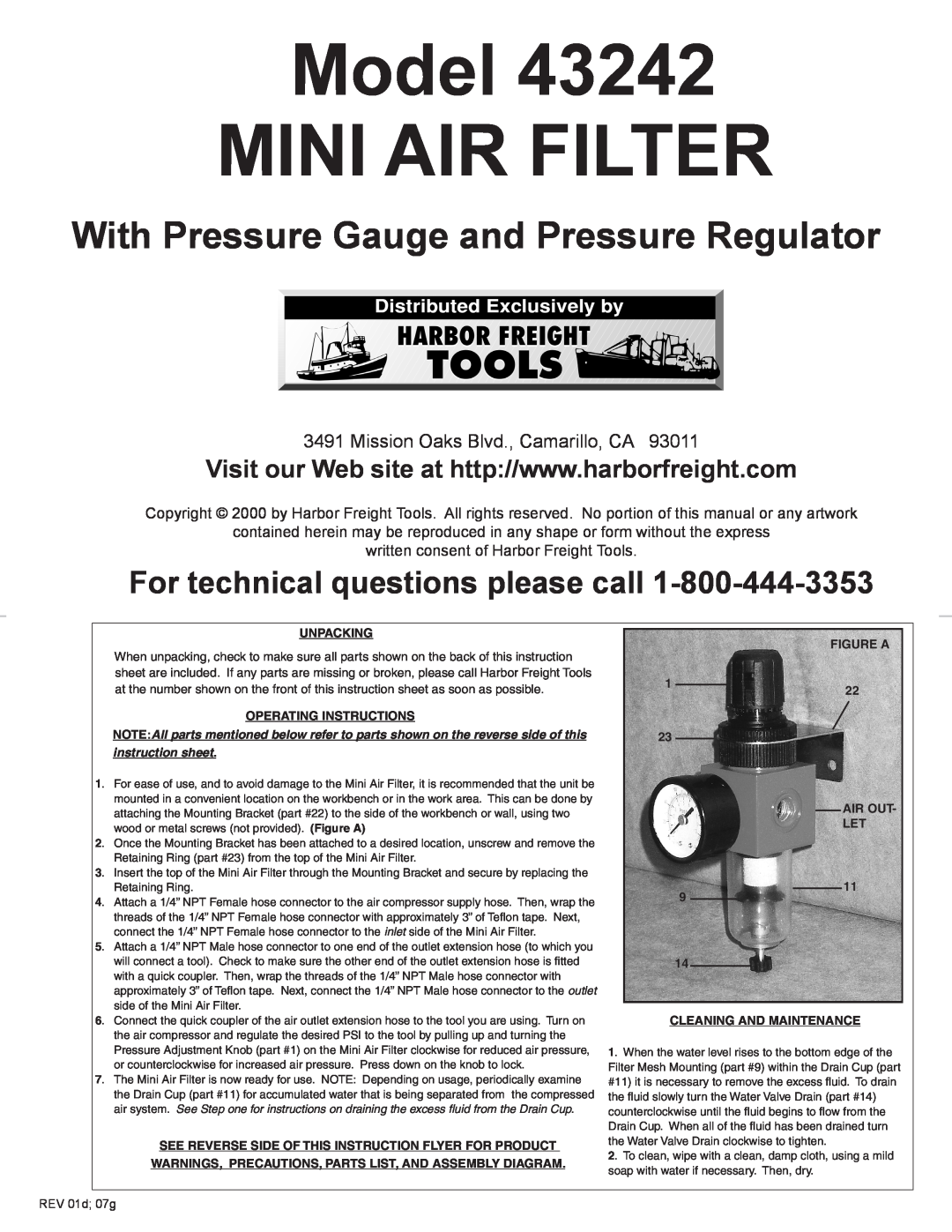 Harbor Freight Tools 43242 instruction sheet Model MINI AIR FILTER, With Pressure Gauge and Pressure Regulator 