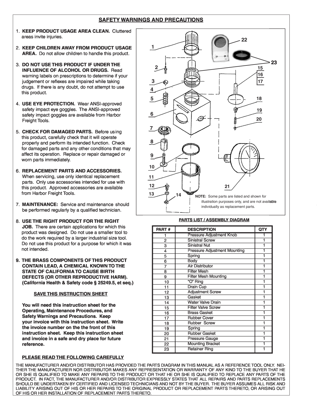Harbor Freight Tools 43242 instruction sheet Safety Warnings And Precautions 