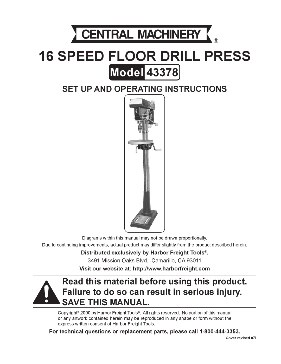 Harbor Freight Tools 16 speed floor drill press operating instructions Distributed exclusively by Harbor Freight Tools 