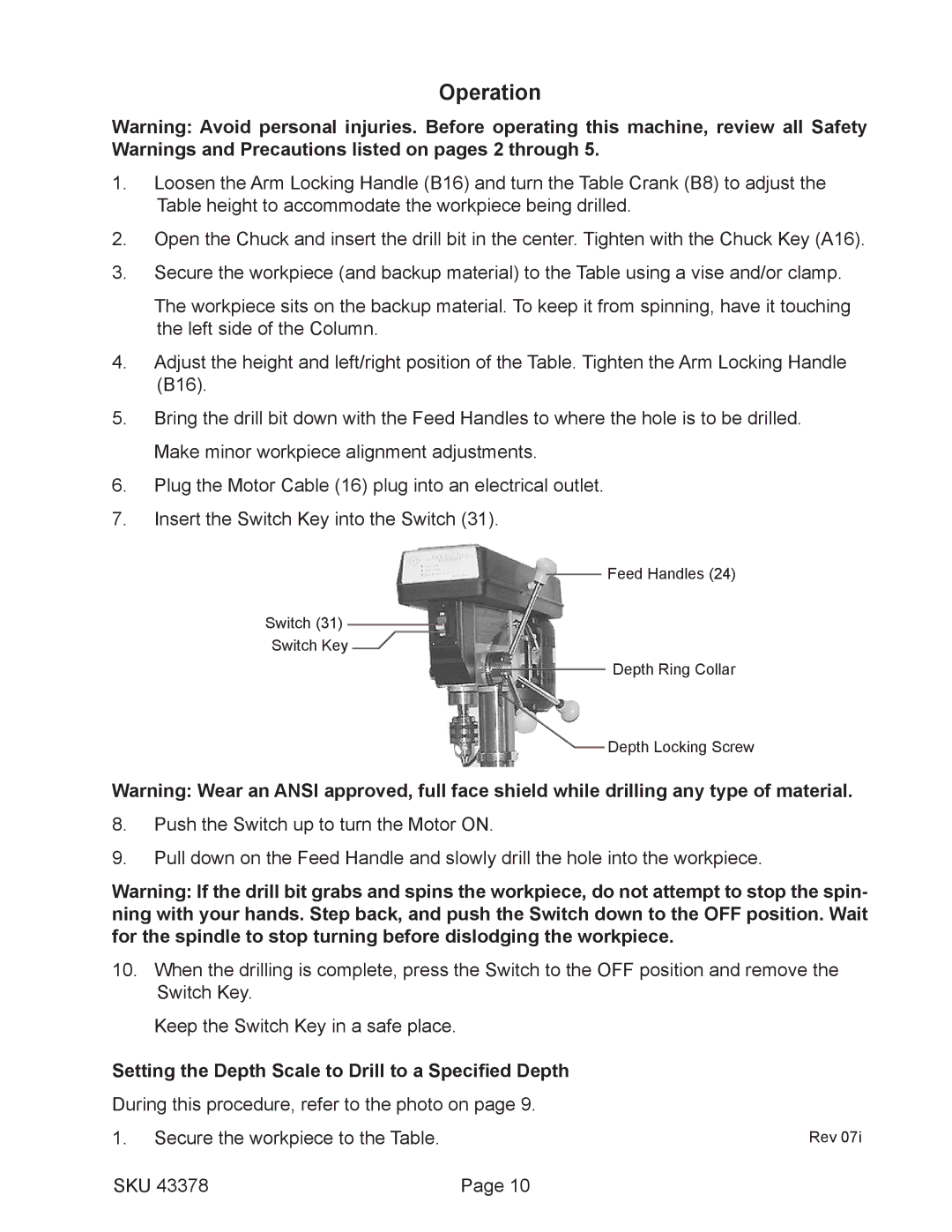 Harbor Freight Tools 43378, 16 speed floor drill press Operation, Setting the Depth Scale to Drill to a Specified Depth 