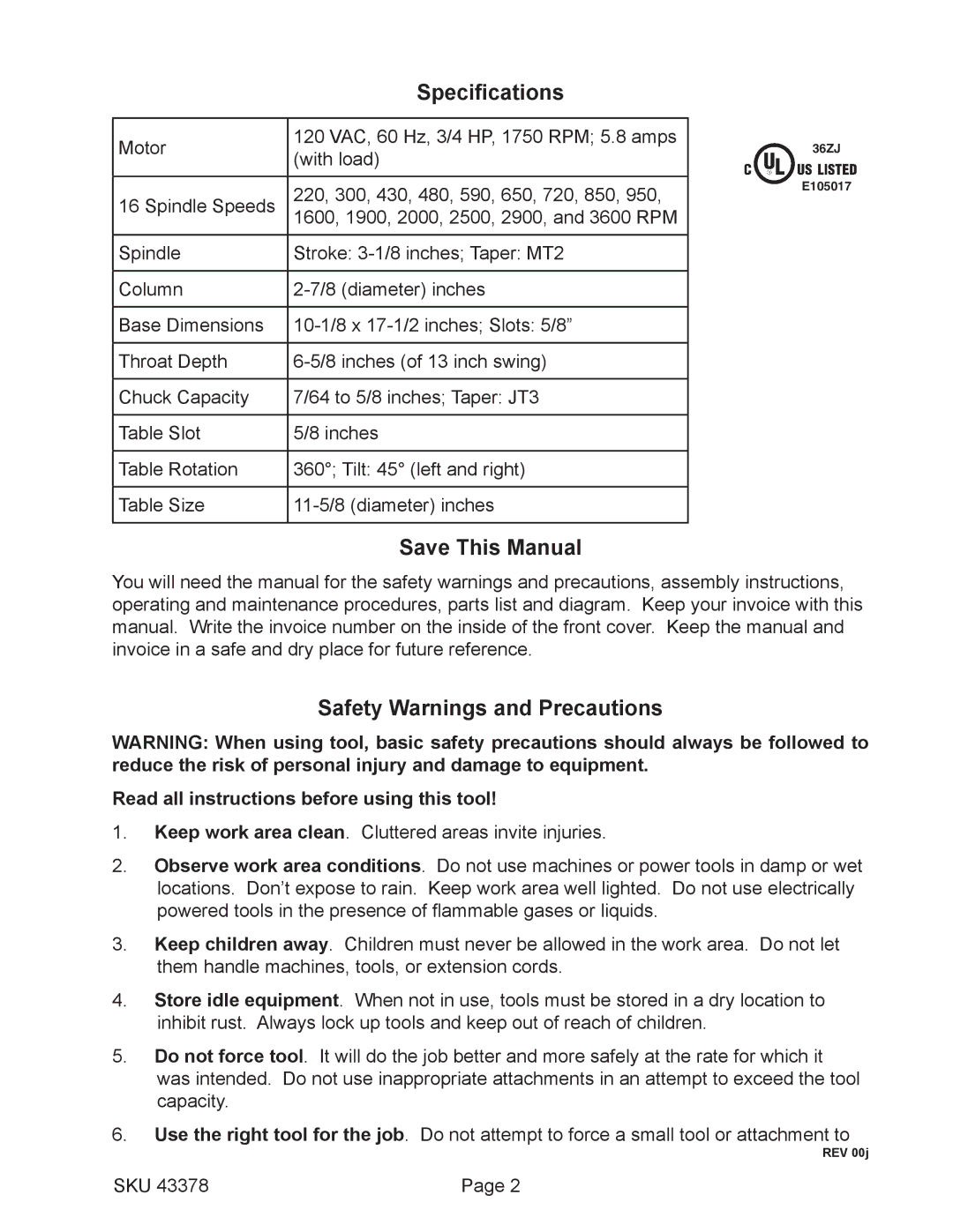 Harbor Freight Tools 43378, 16 speed floor drill press Specifications, Save This Manual, Safety Warnings and Precautions 