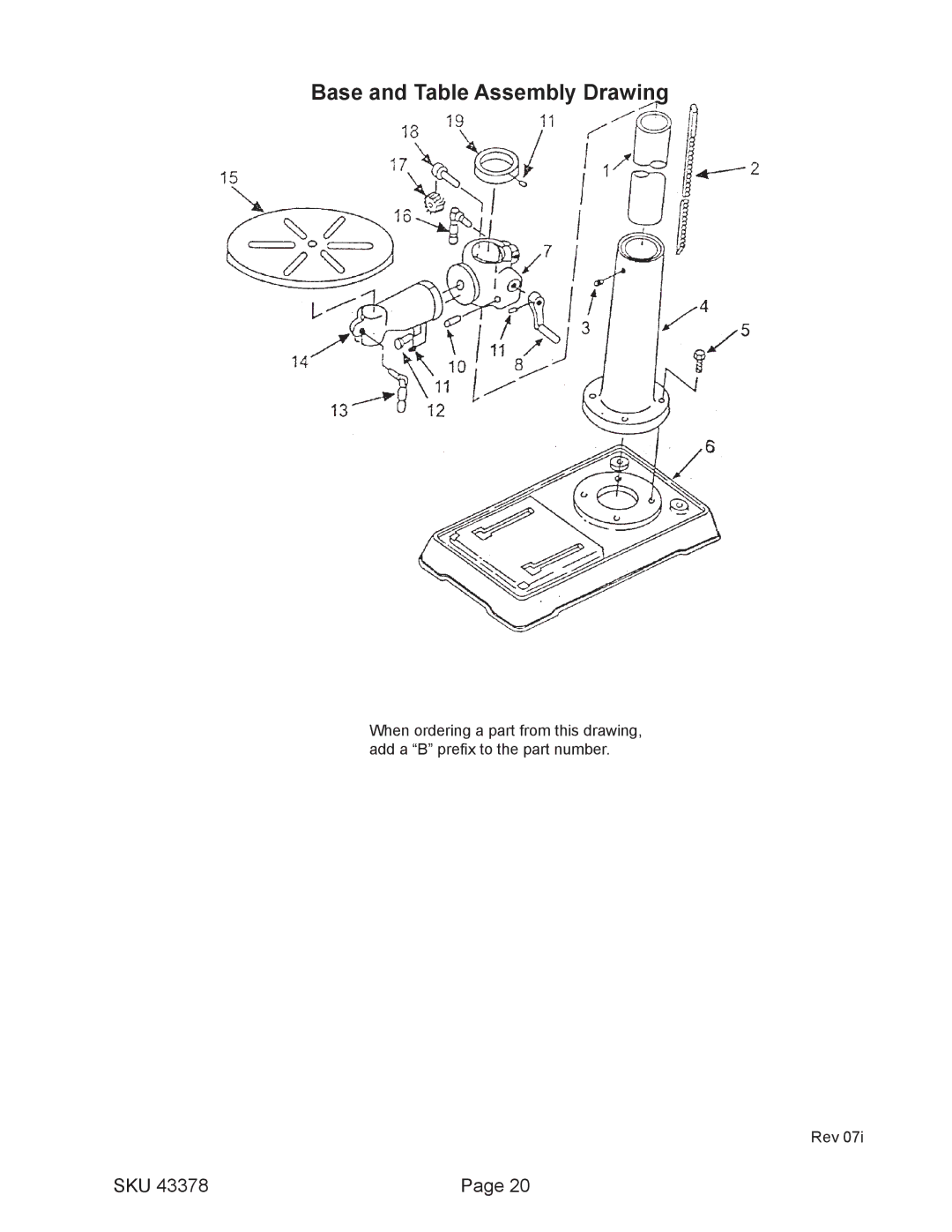 Harbor Freight Tools 43378, 16 speed floor drill press operating instructions Base and Table Assembly Drawing 