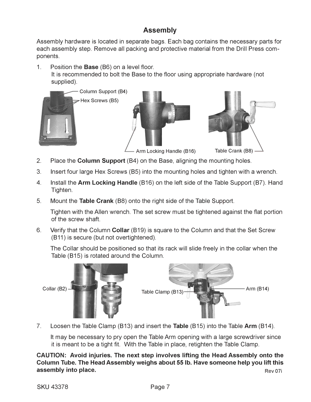 Harbor Freight Tools 16 speed floor drill press, 43378 operating instructions Assembly 