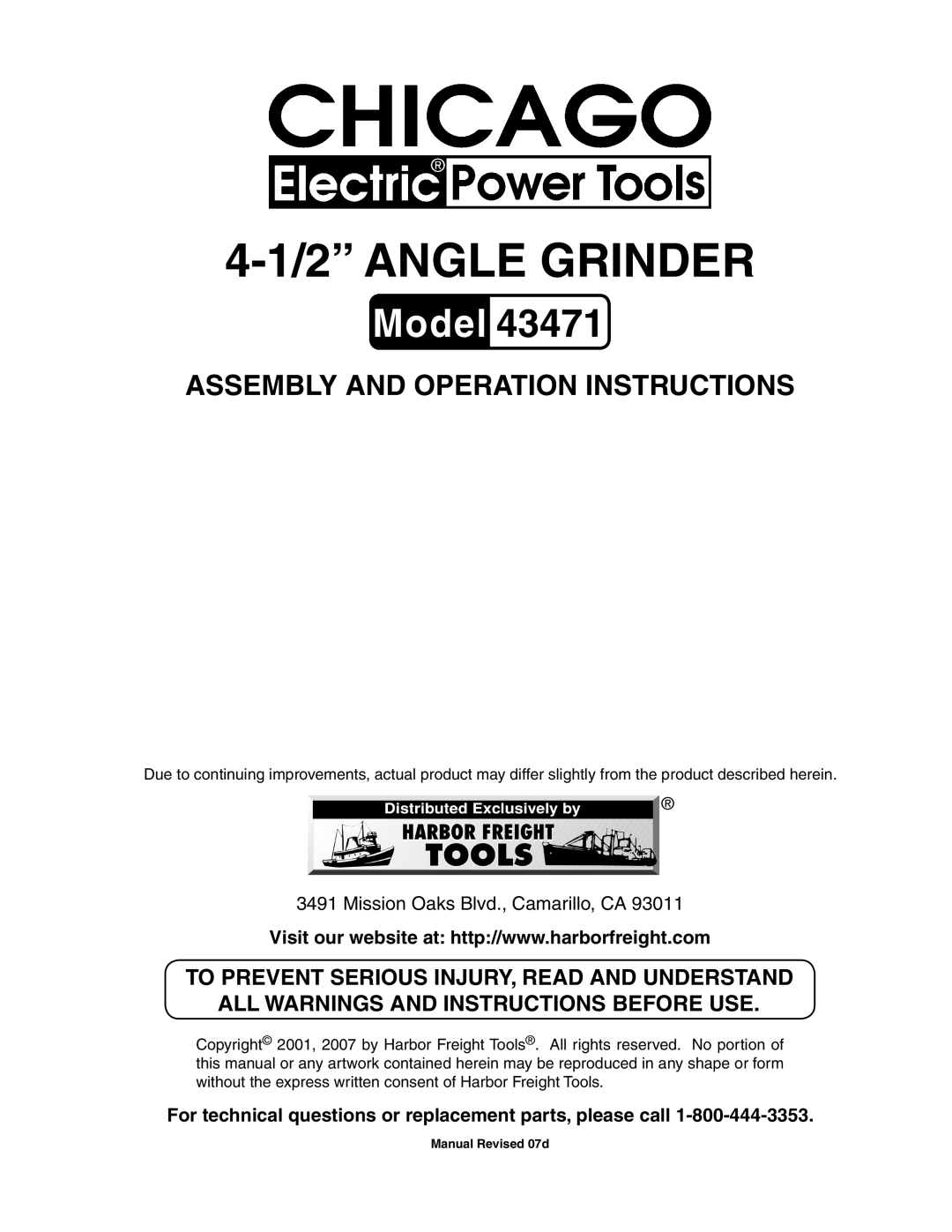 Harbor Freight Tools 43471 manual Angle Grinder, For technical questions or replacement parts, please call 