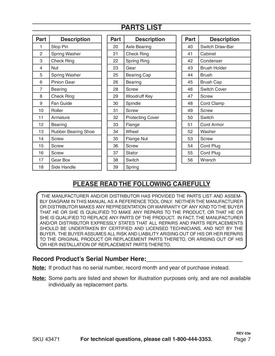 Harbor Freight Tools 43471 manual Parts List, Part Description 