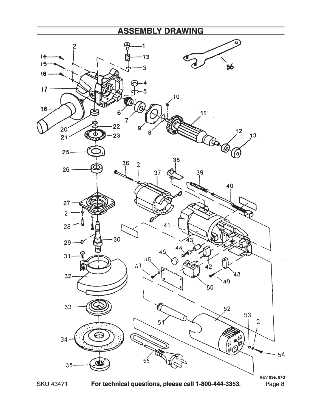 Harbor Freight Tools 43471 manual Assembly Drawing, For technical questions, please call, REV 03e, 07d 