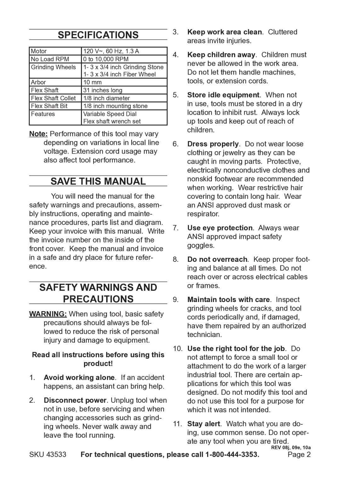 Harbor Freight Tools 43533 operating instructions Specifications, Save This Manual, Safety Warnings, Precautions 