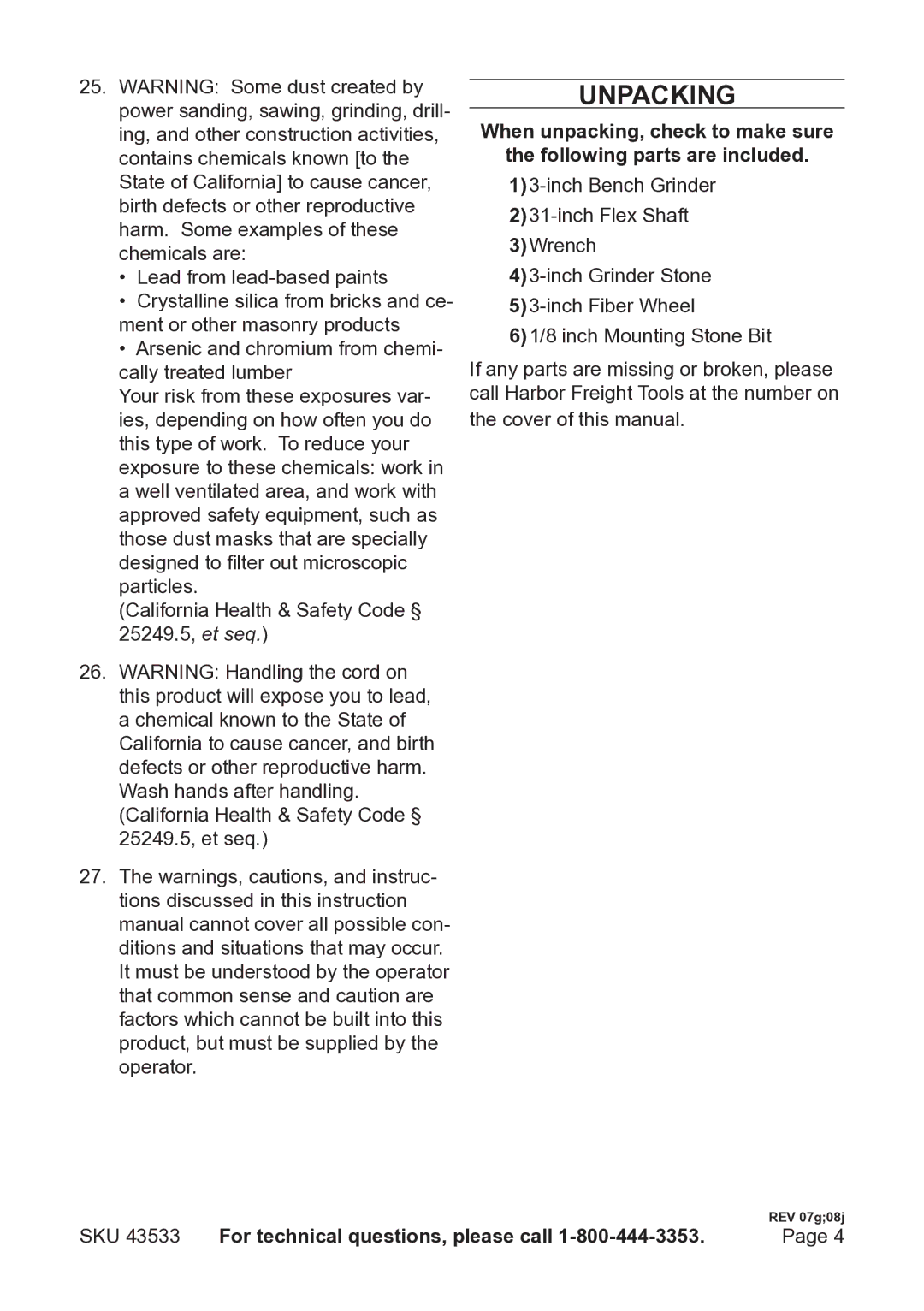 Harbor Freight Tools 43533 operating instructions Unpacking, Sku 