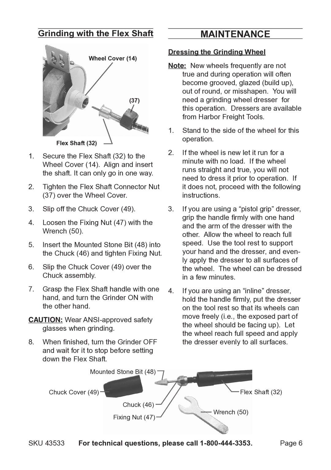 Harbor Freight Tools 43533 operating instructions Maintenance, Dressing the Grinding Wheel 