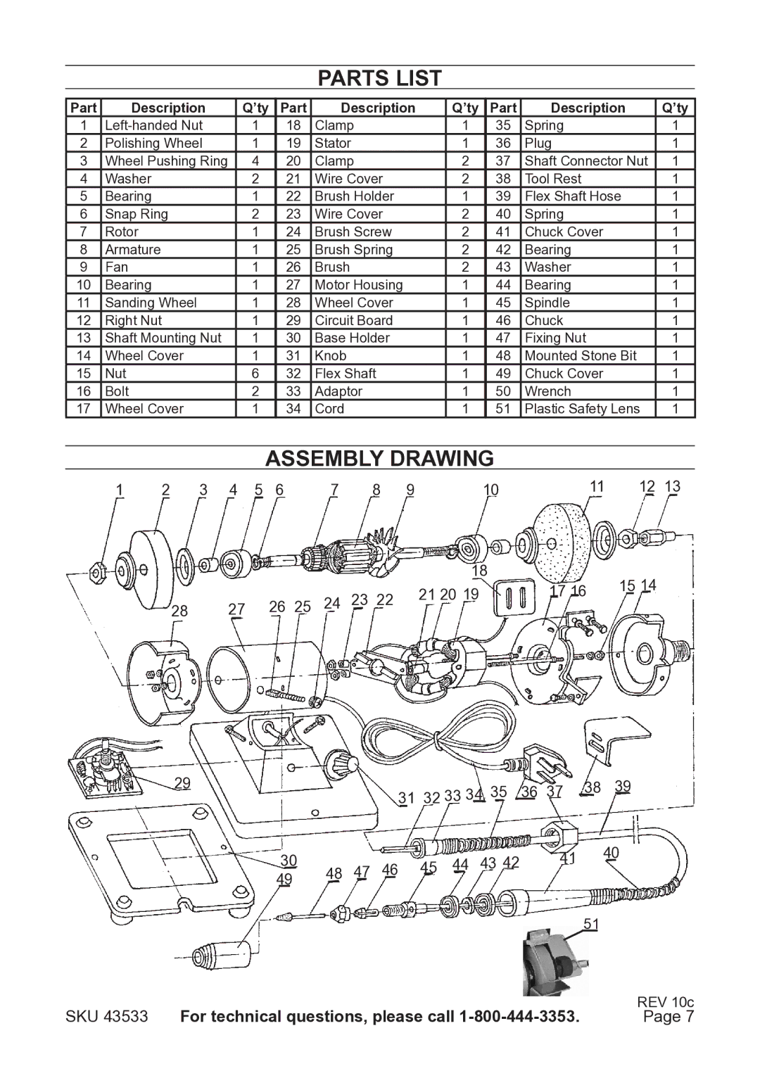 Harbor Freight Tools 43533 operating instructions Parts List, Assembly Drawing 