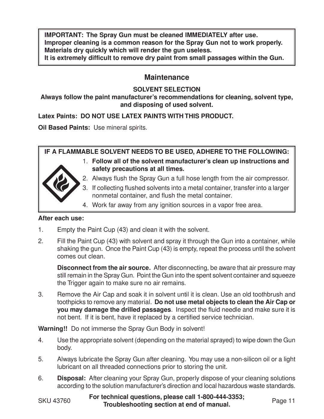 Harbor Freight Tools 43760 operating instructions Solvent Selection, After each use 