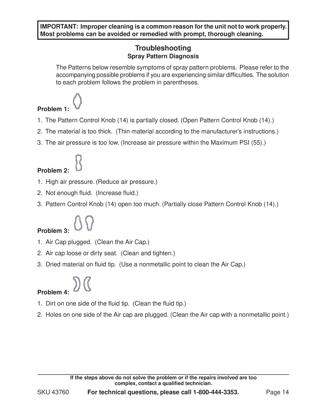 Harbor Freight Tools 43760 operating instructions Spray Pattern Diagnosis, Problem 