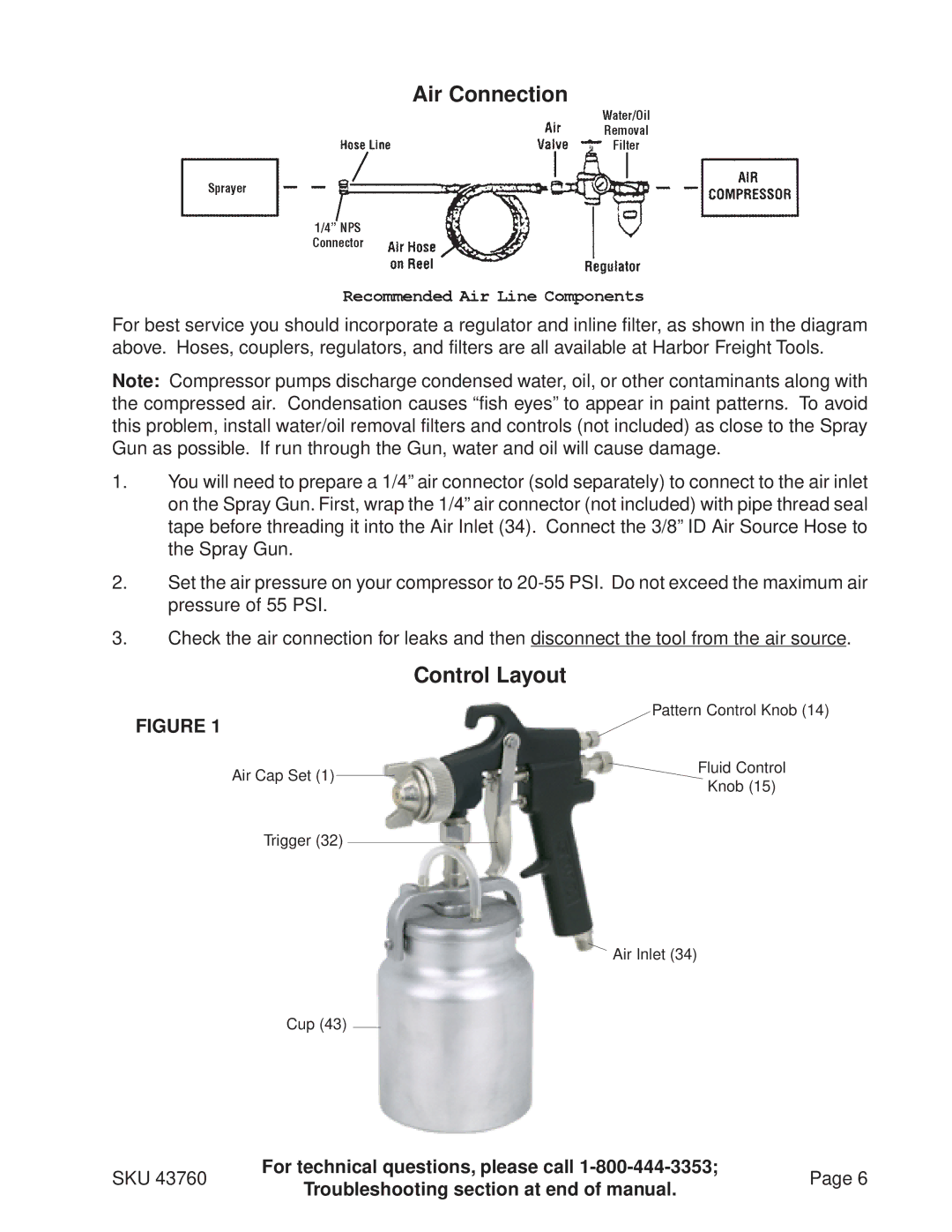 Harbor Freight Tools 43760 operating instructions Air Connection, Control Layout 