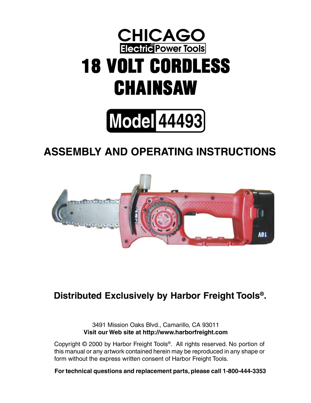 Harbor Freight Tools 44493 operating instructions For technical questions and replacement parts, please call 