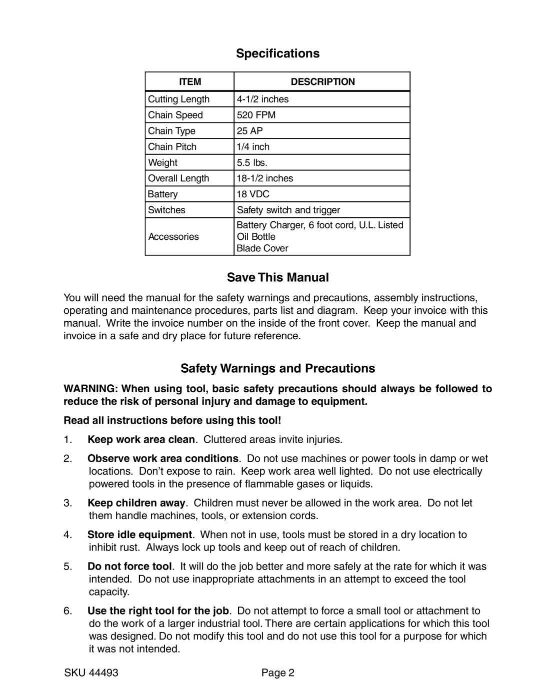 Harbor Freight Tools 44493 operating instructions Specifications, Save This Manual, Safety Warnings and Precautions 