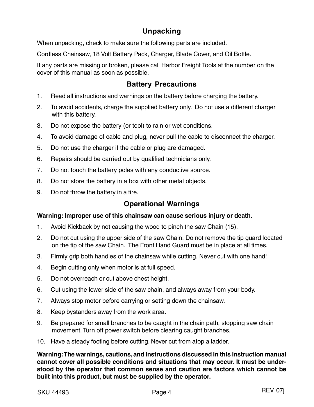 Harbor Freight Tools 44493 operating instructions Unpacking, Battery Precautions, Operational Warnings 