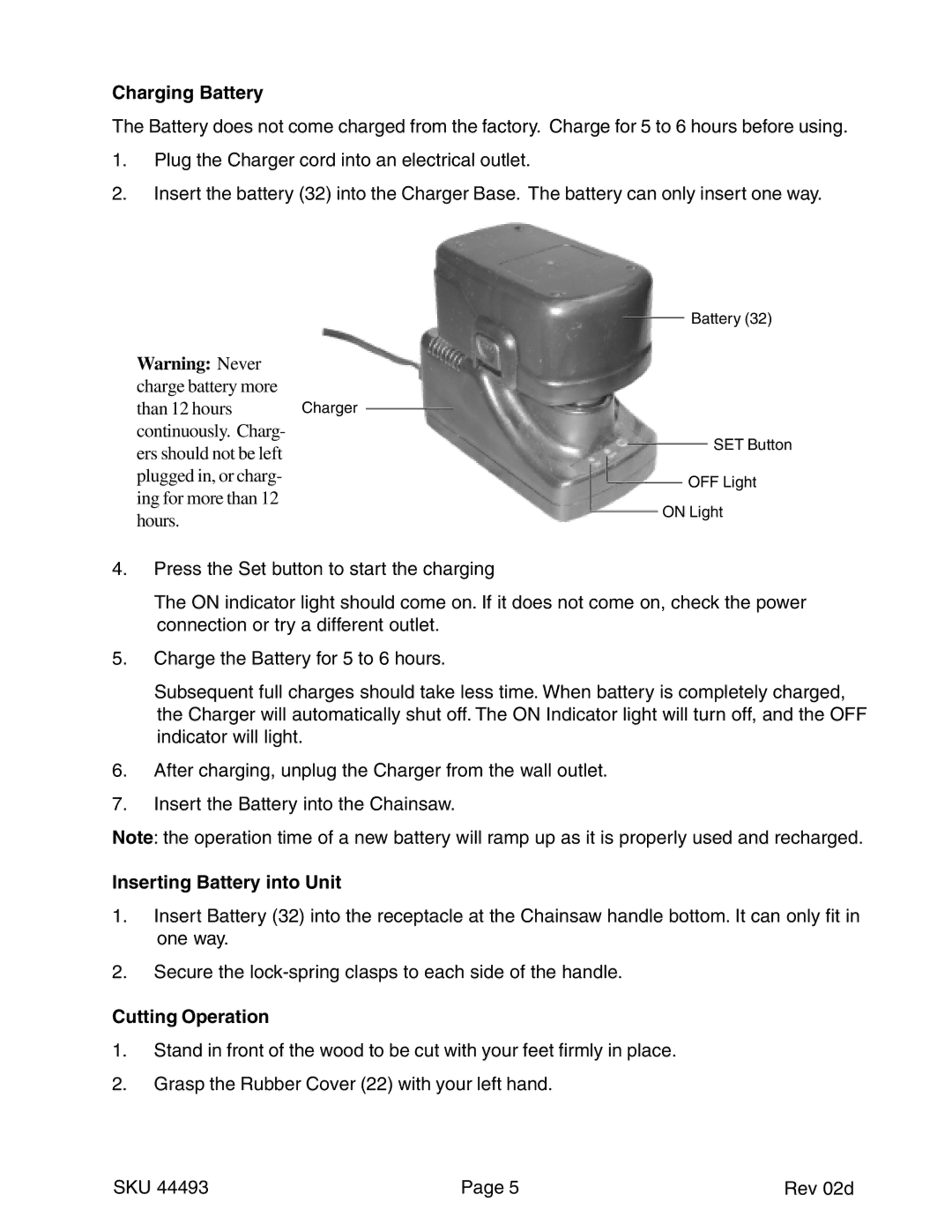 Harbor Freight Tools 44493 operating instructions Charging Battery, Inserting Battery into Unit, Cutting Operation 