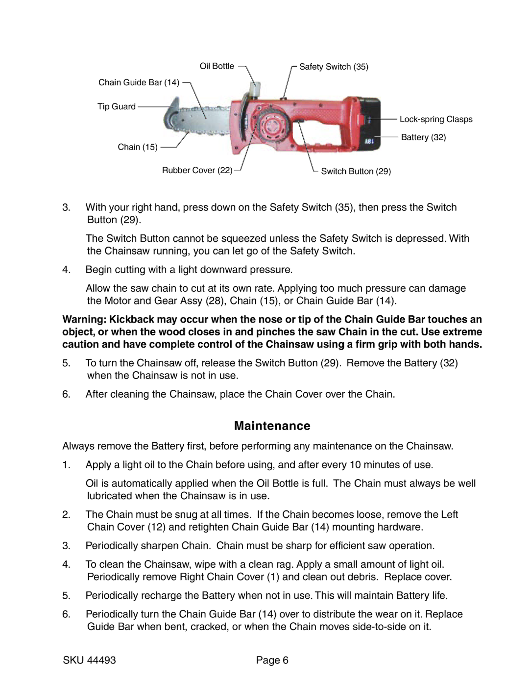 Harbor Freight Tools 44493 operating instructions Maintenance 