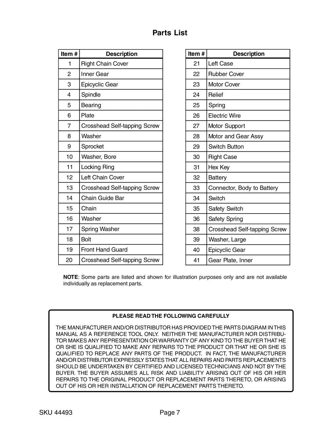 Harbor Freight Tools 44493 operating instructions Parts List, Item # Description 