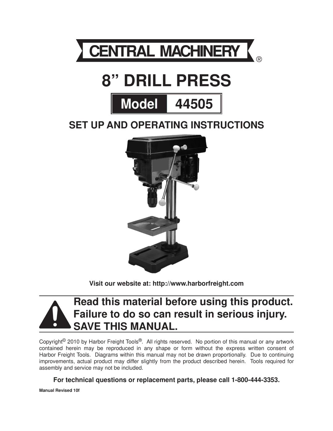 Harbor Freight Tools 44505 operating instructions Drill Press, For technical questions or replacement parts, please call 