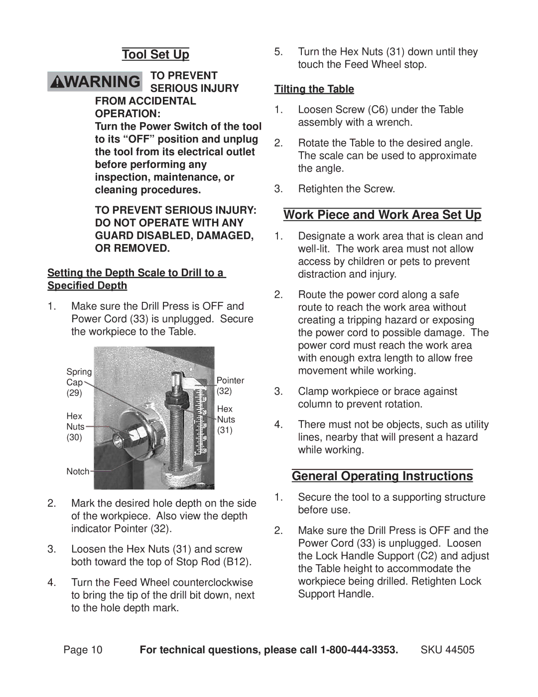 Harbor Freight Tools 44505 Tool Set Up, Work Piece and Work Area Set Up, General Operating Instructions, Tilting the Table 