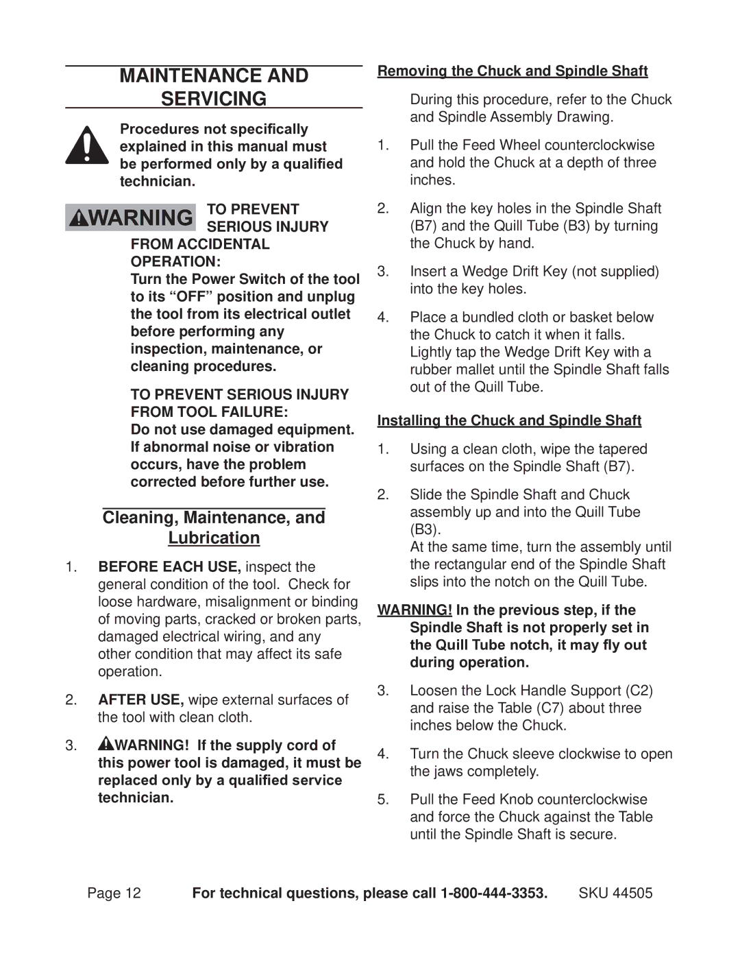 Harbor Freight Tools 44505 Maintenance Servicing, Cleaning, Maintenance, Lubrication, Removing the Chuck and Spindle Shaft 