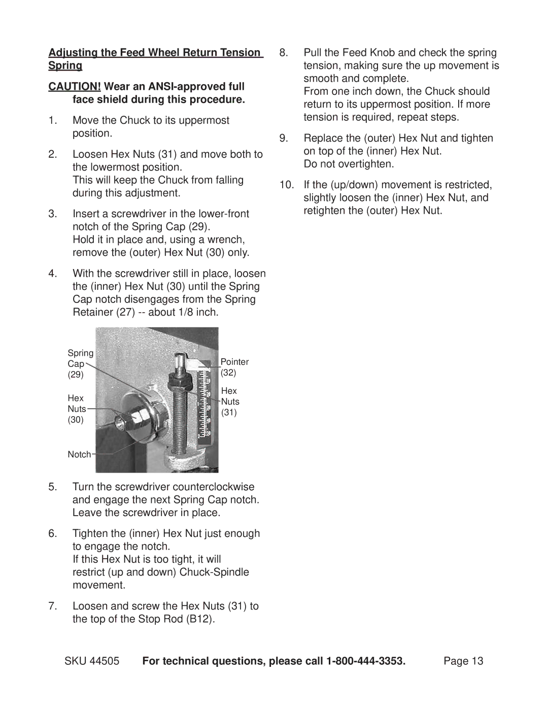 Harbor Freight Tools 44505 operating instructions Adjusting the Feed Wheel Return Tension Spring 