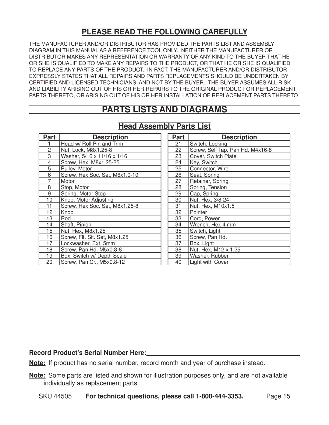 Harbor Freight Tools 44505 operating instructions Parts Lists and Diagrams, Head Assembly Parts List, Part Description 