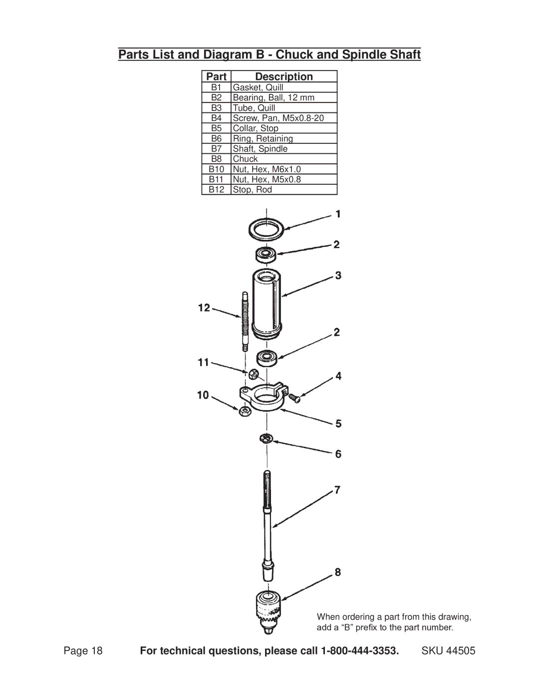 Harbor Freight Tools 44505 operating instructions Parts List and Diagram B Chuck and Spindle Shaft 