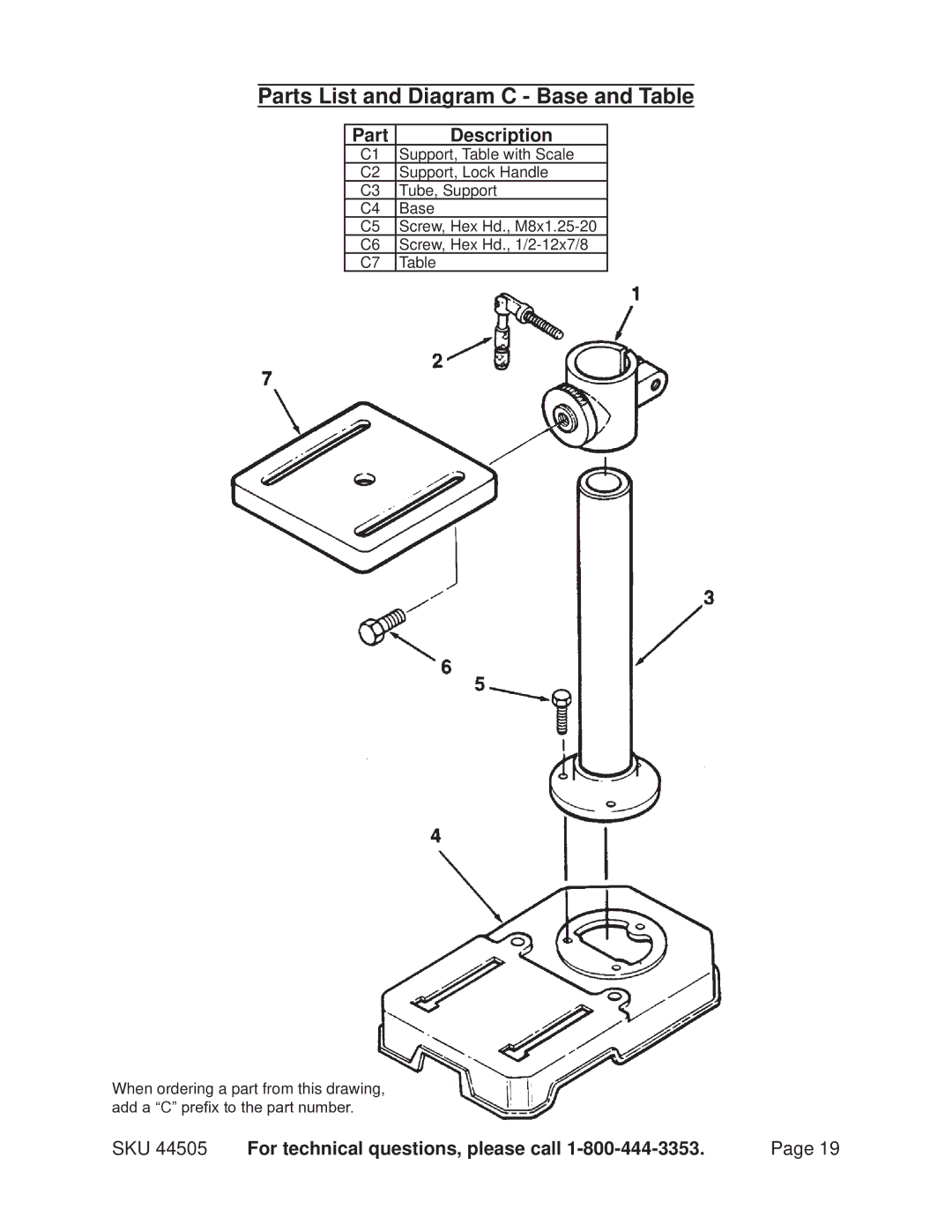 Harbor Freight Tools 44505 operating instructions Parts List and Diagram C Base and Table 