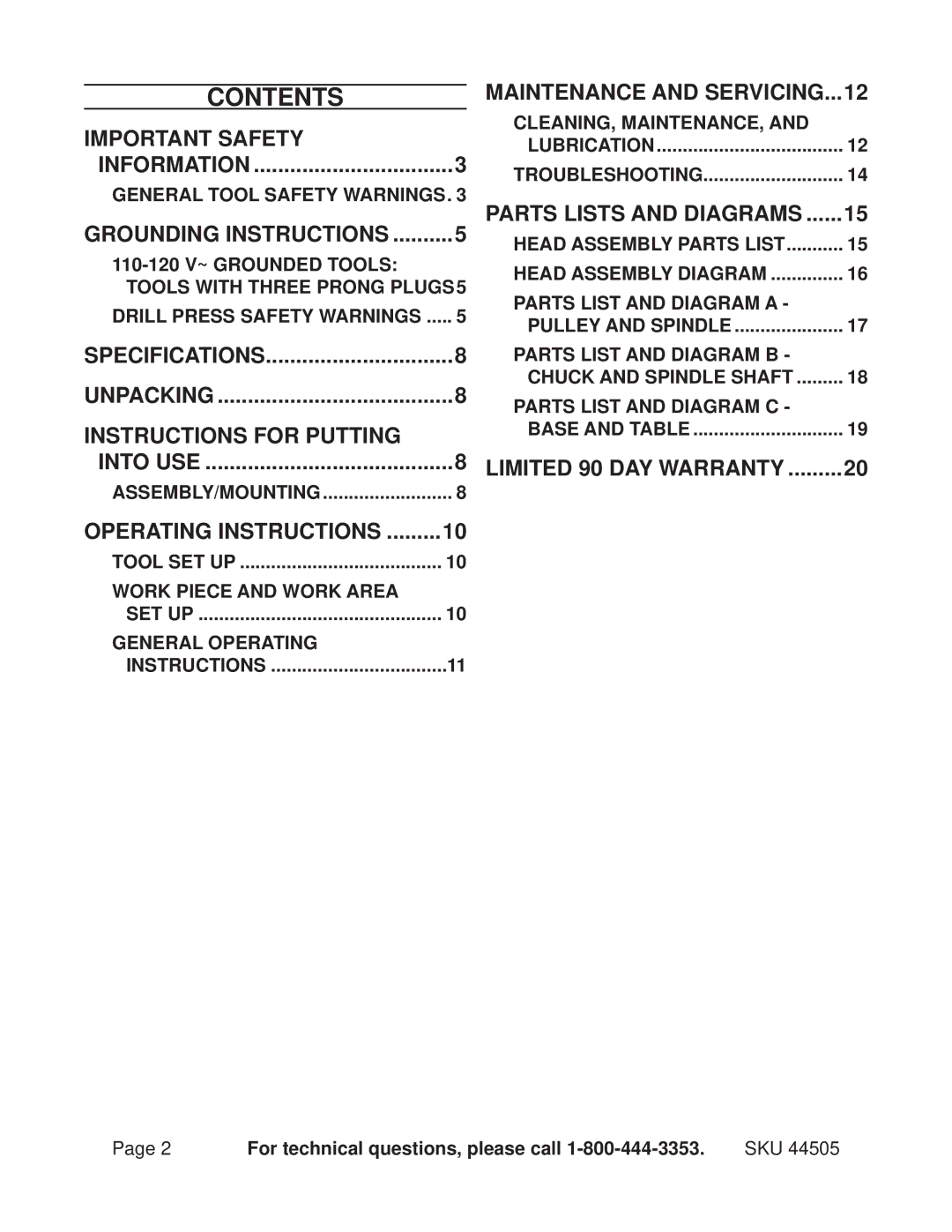 Harbor Freight Tools 44505 operating instructions Contents 