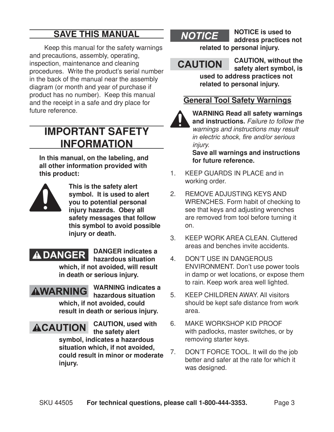 Harbor Freight Tools 44505 operating instructions Save This Manual, General Tool Safety Warnings 