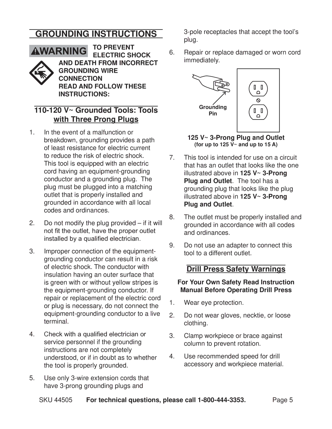 Harbor Freight Tools 44505 Grounding Instructions, 110-120 V~ Grounded Tools Tools With Three Prong Plugs 