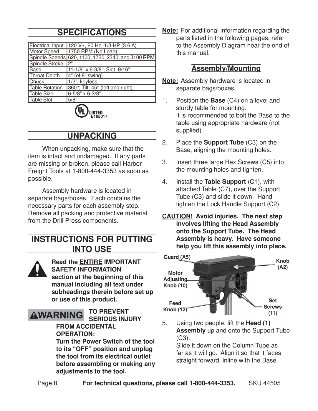 Harbor Freight Tools 44505 Specifications, Unpacking, Instructions for putting Into use, Assembly/Mounting 