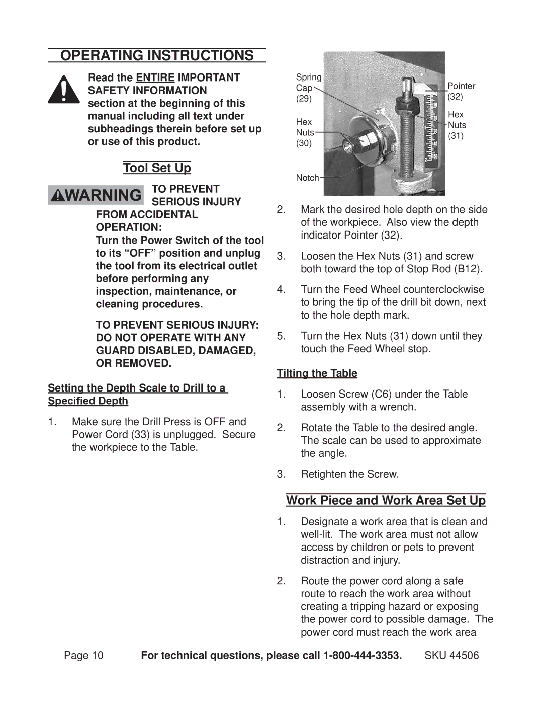 Harbor Freight Tools 44506 Operating Instructions, Tool Set Up, Work Piece and Work Area Set Up, Tilting the Table 