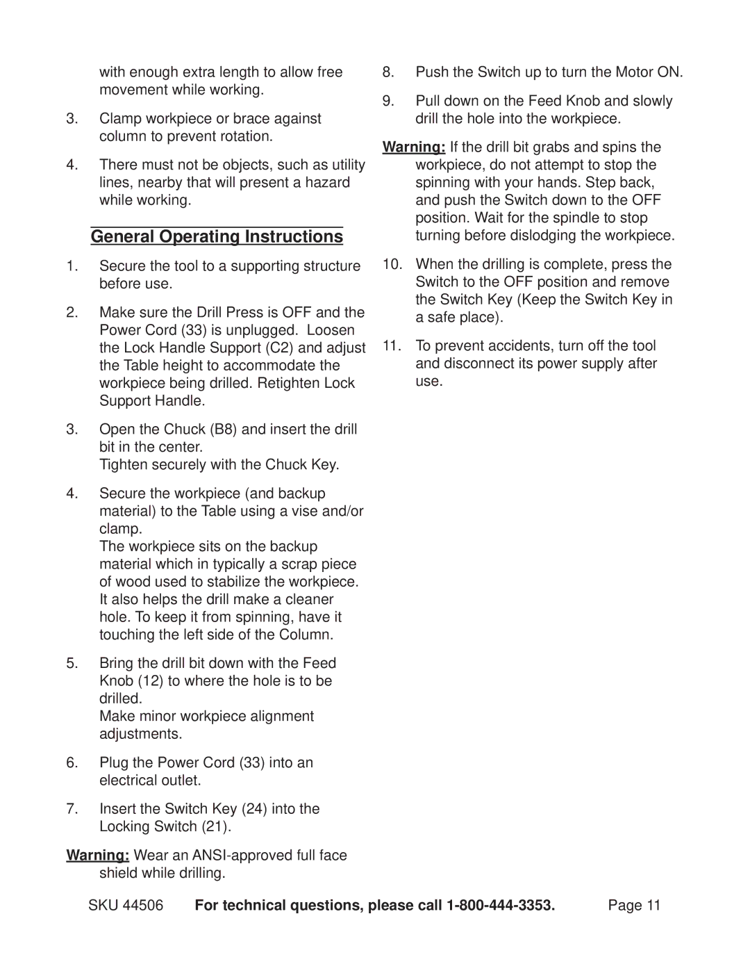 Harbor Freight Tools 44506 operating instructions General Operating Instructions, SKU For technical questions, please call 