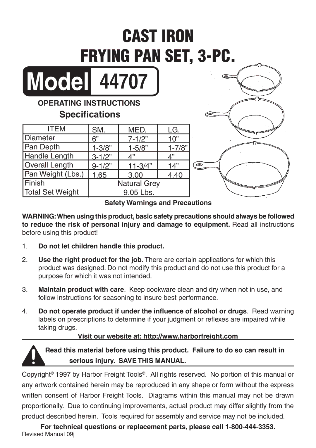 Harbor Freight Tools 44707 specifications Specifications, Med 