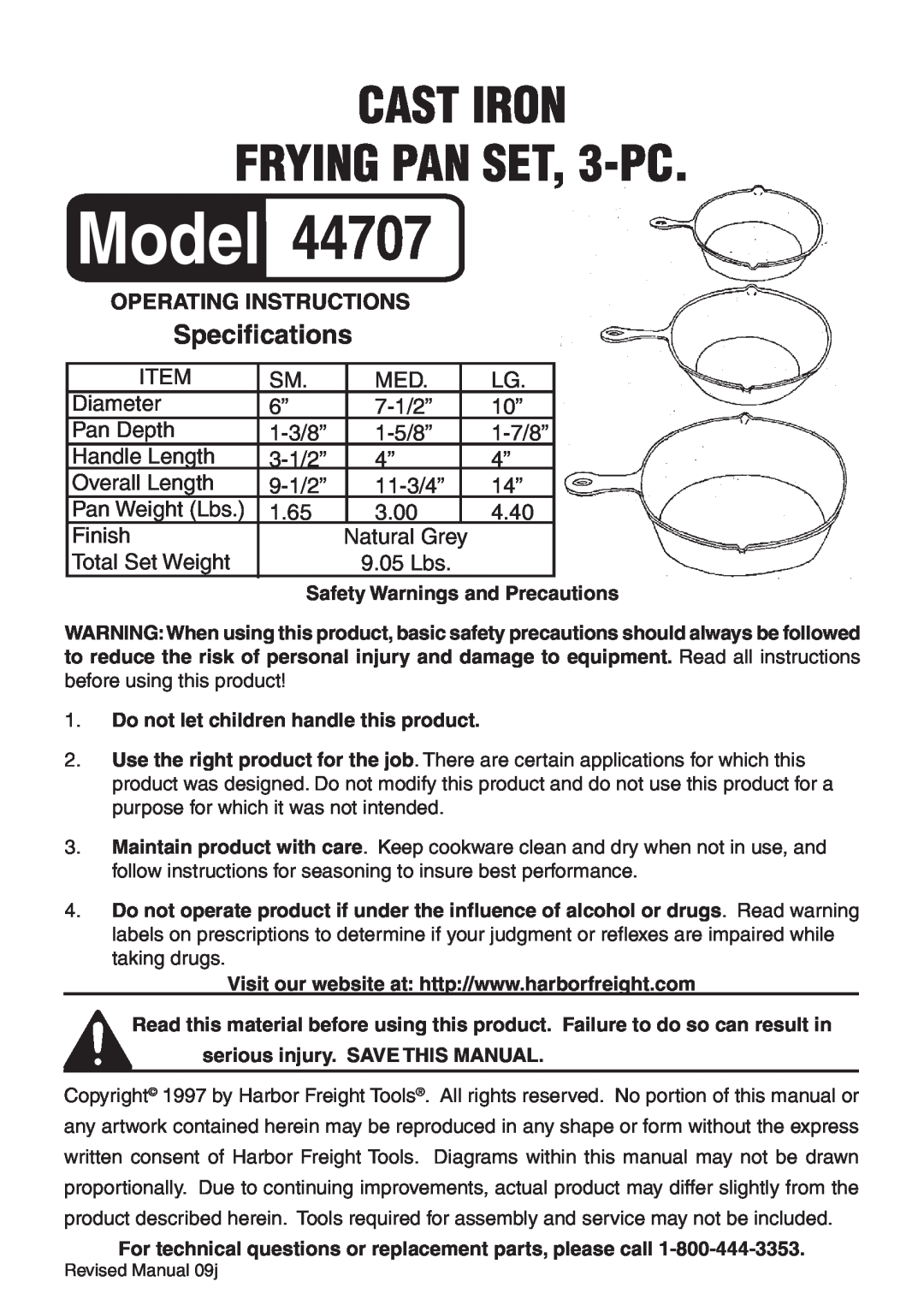 Harbor Freight Tools 44707 specifications Specifications, CAST IRON FRYING PAN SET, 3-PC, Operating Instructions 