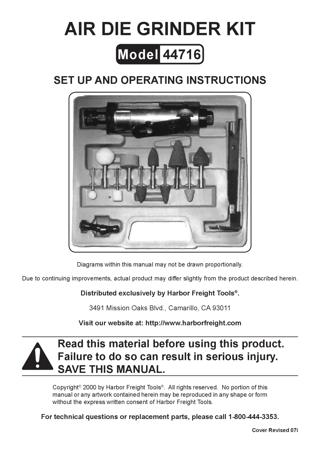 Harbor Freight Tools 44716 operating instructions AIR DIE Grinder KIT 