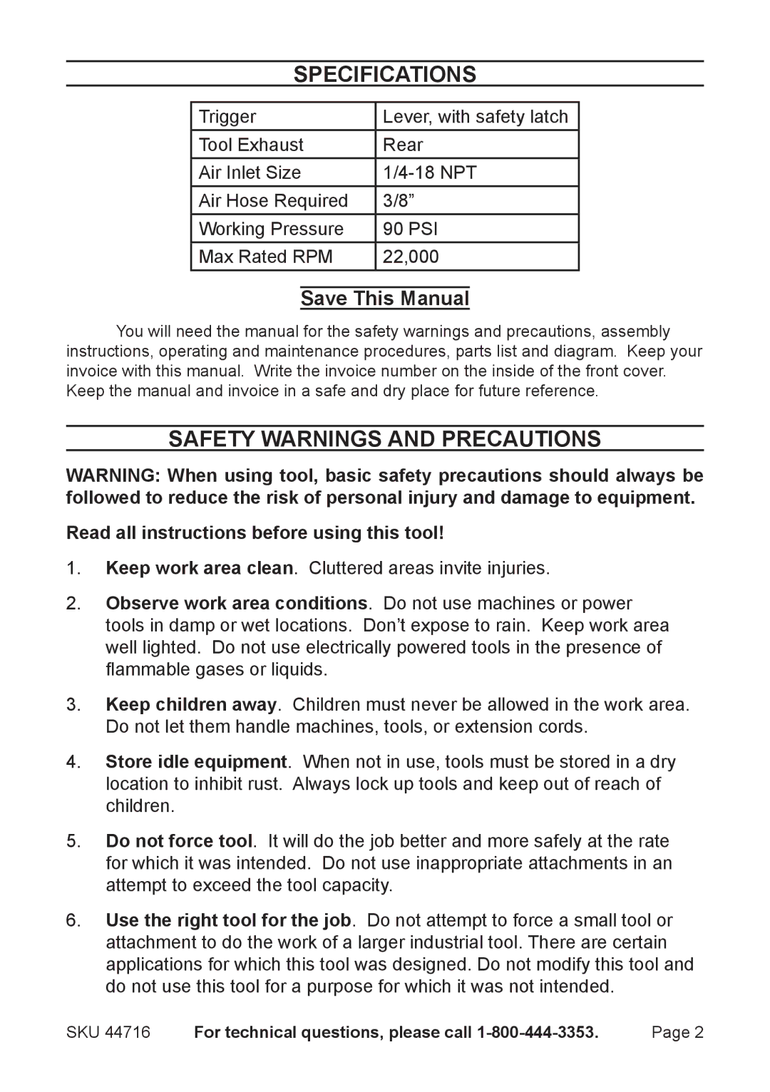 Harbor Freight Tools 44716 operating instructions Specifications, Safety Warnings and Precautions 