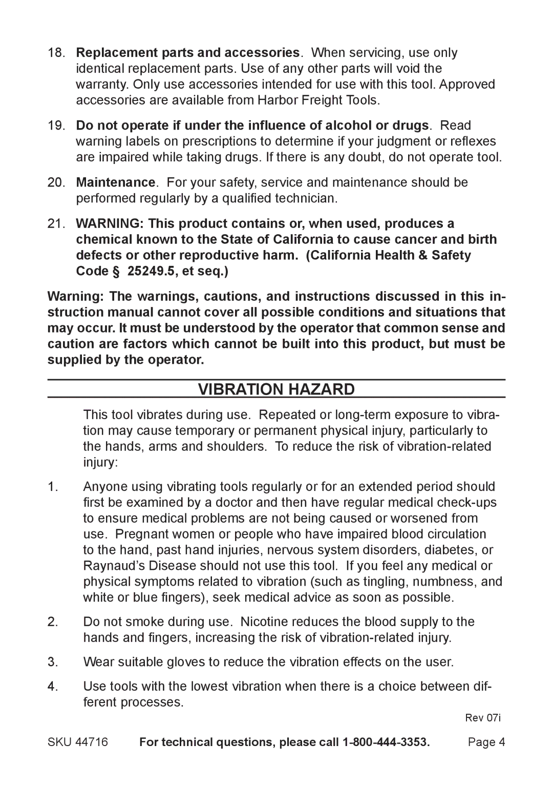 Harbor Freight Tools 44716 operating instructions Vibration Hazard 