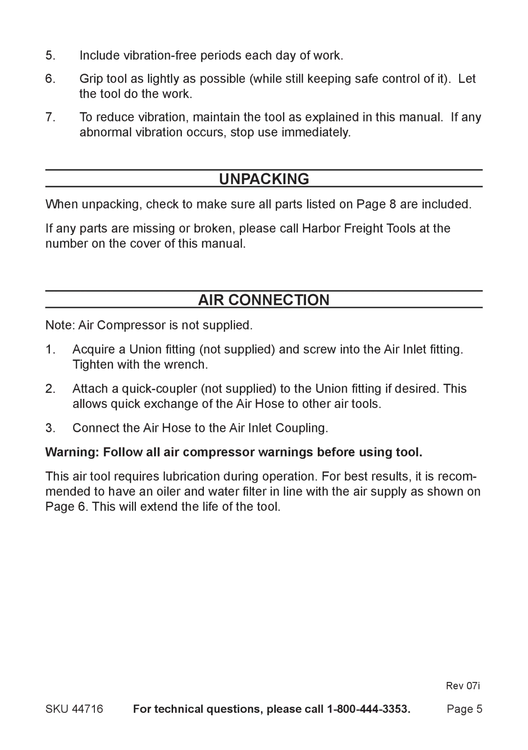 Harbor Freight Tools 44716 operating instructions Unpacking, Air Connection 