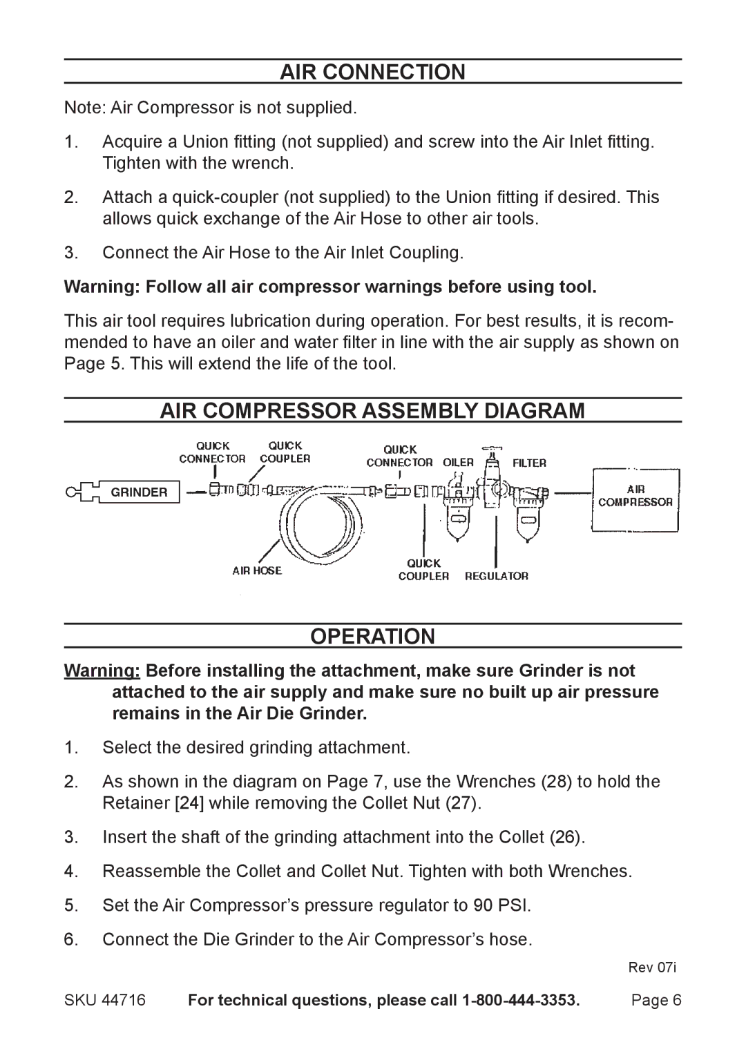 Harbor Freight Tools 44716 operating instructions Air Compressor Assembly Diagram Operation 