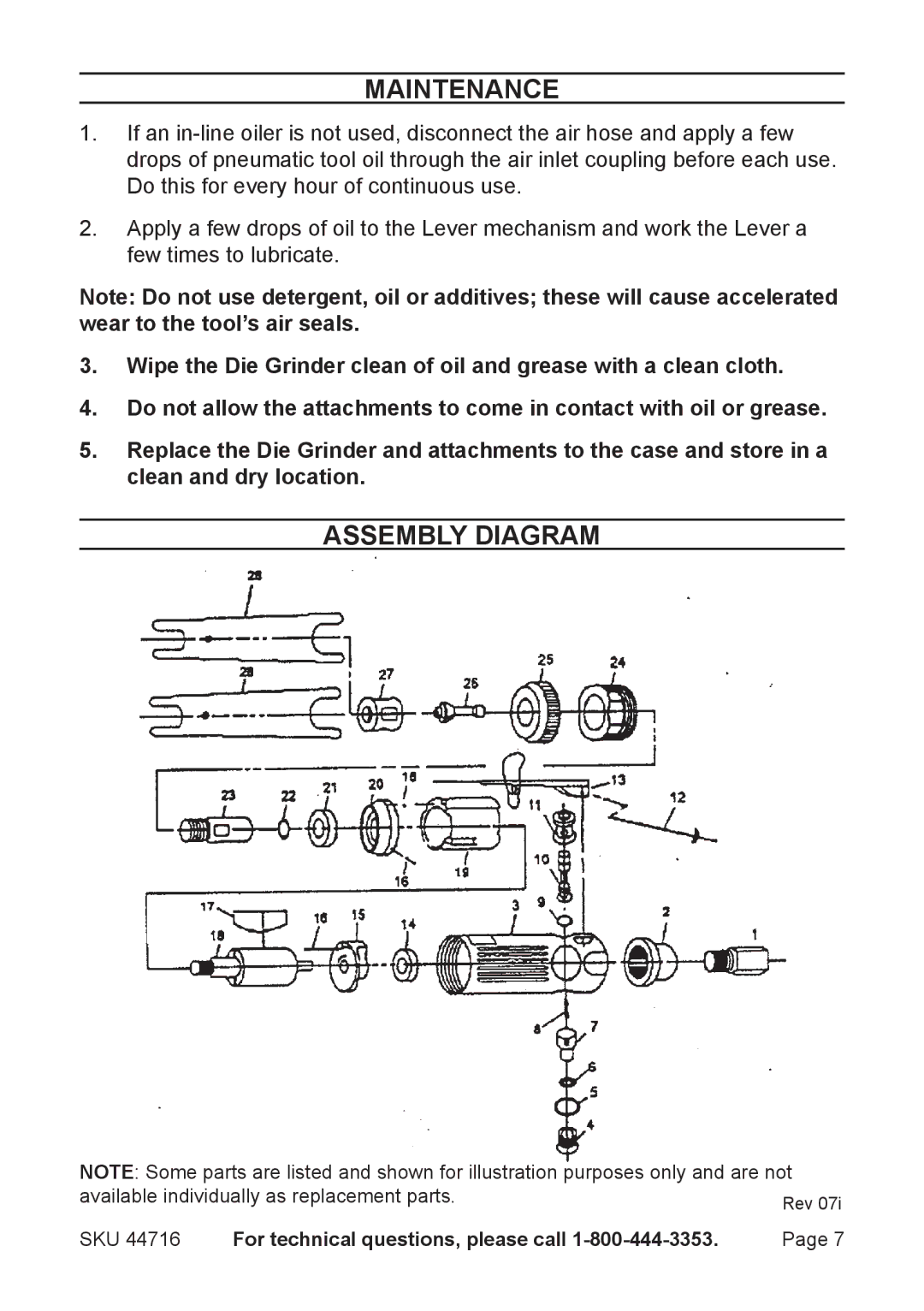 Harbor Freight Tools 44716 operating instructions Maintenance, Assembly Diagram 