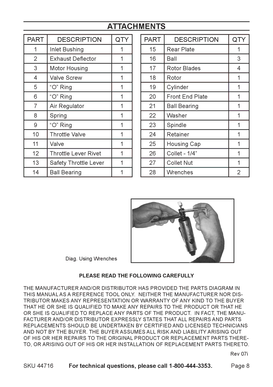 Harbor Freight Tools 44716 operating instructions Attachments, Part Description QTY 