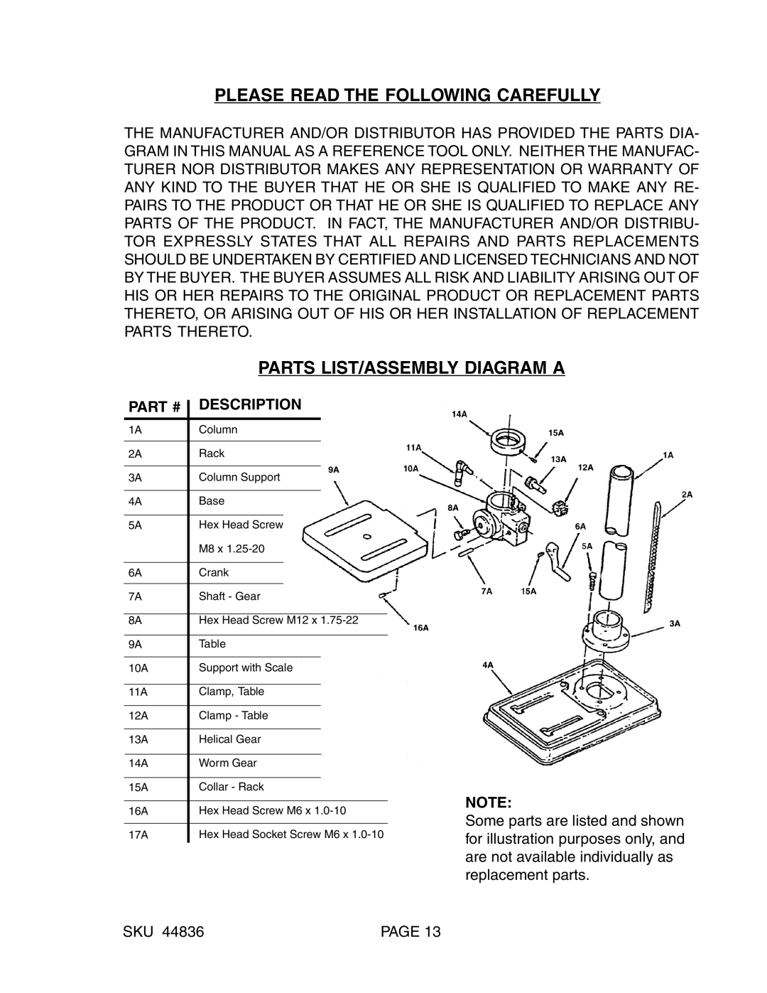 Harbor Freight Tools 44836 manual Please Read the Following Carefully, Parts LIST/ASSEMBLY Diagram a 