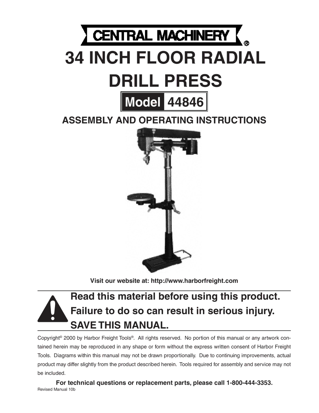 Harbor Freight Tools 44846 operating instructions Inch floor radial Drill press 