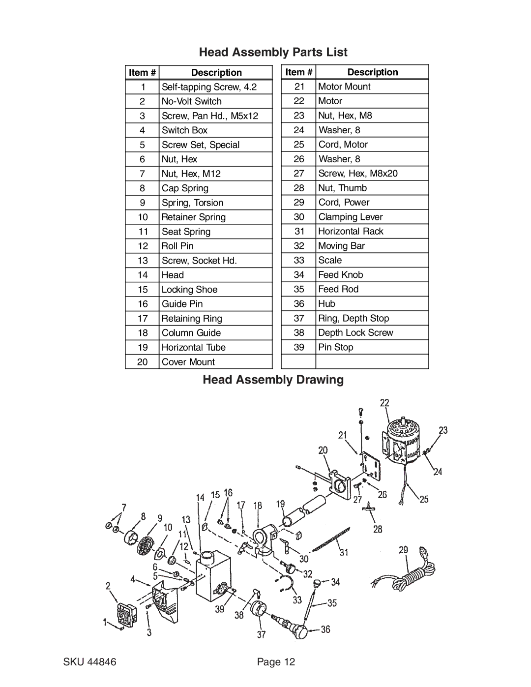 Harbor Freight Tools 44846 operating instructions Head Assembly Parts List, Head Assembly Drawing 